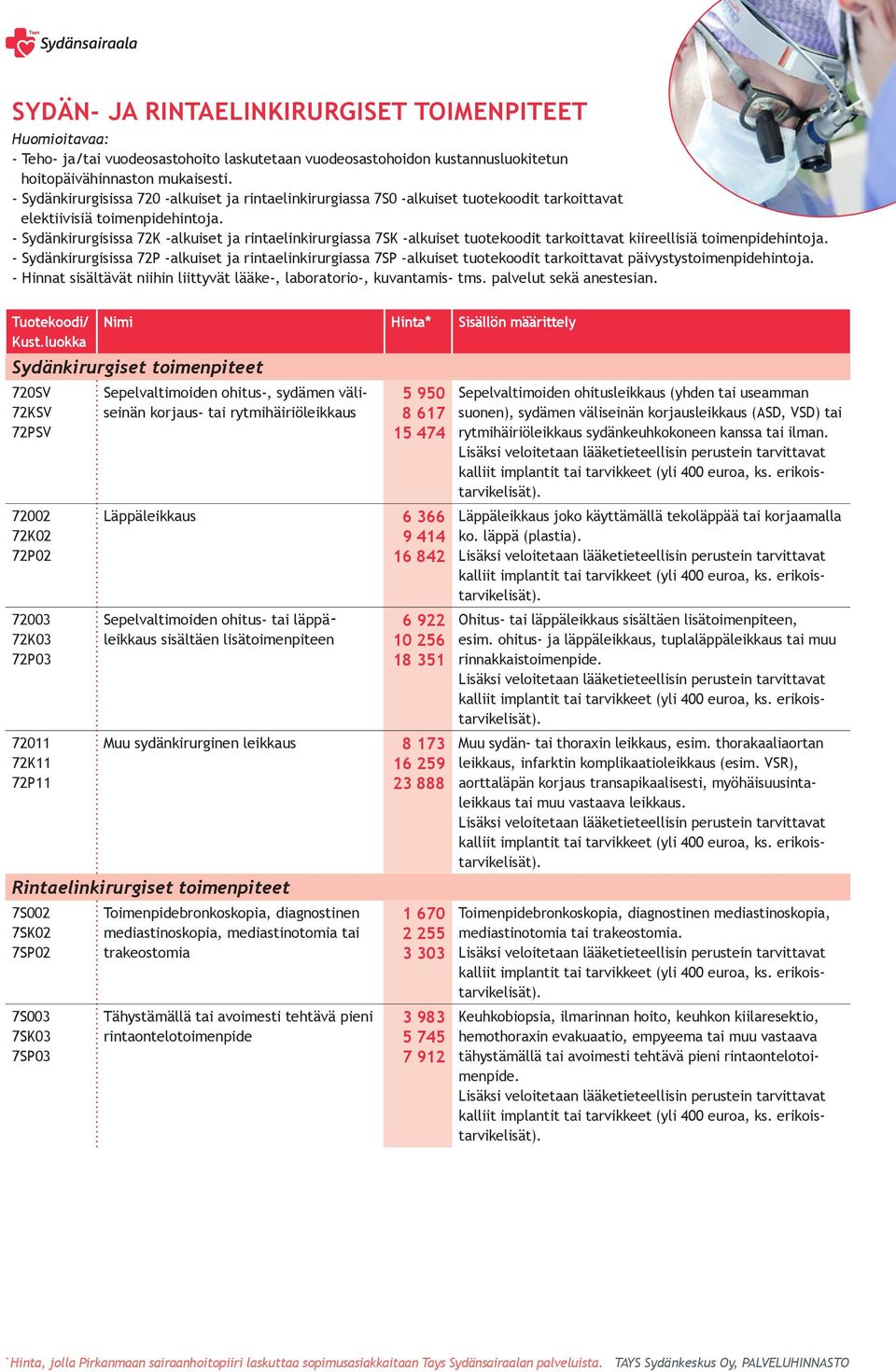 - Sydänkirurgisissa 72K -alkuiset ja rintaelinkirurgiassa 7SK -alkuiset tuotekoodit tarkoittavat kiireellisiä toimenpidehintoja.