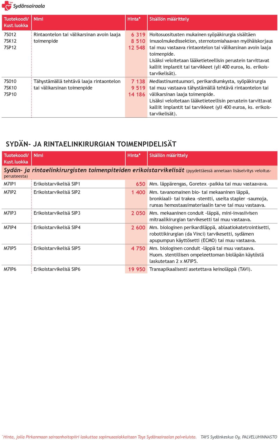 Mediastinumtuumori, perikardiumkysta, syöpäkirurgia tai muu vastaava tähystämällä tehtävä rintaontelon tai välikarsinan laaja toimenpide.