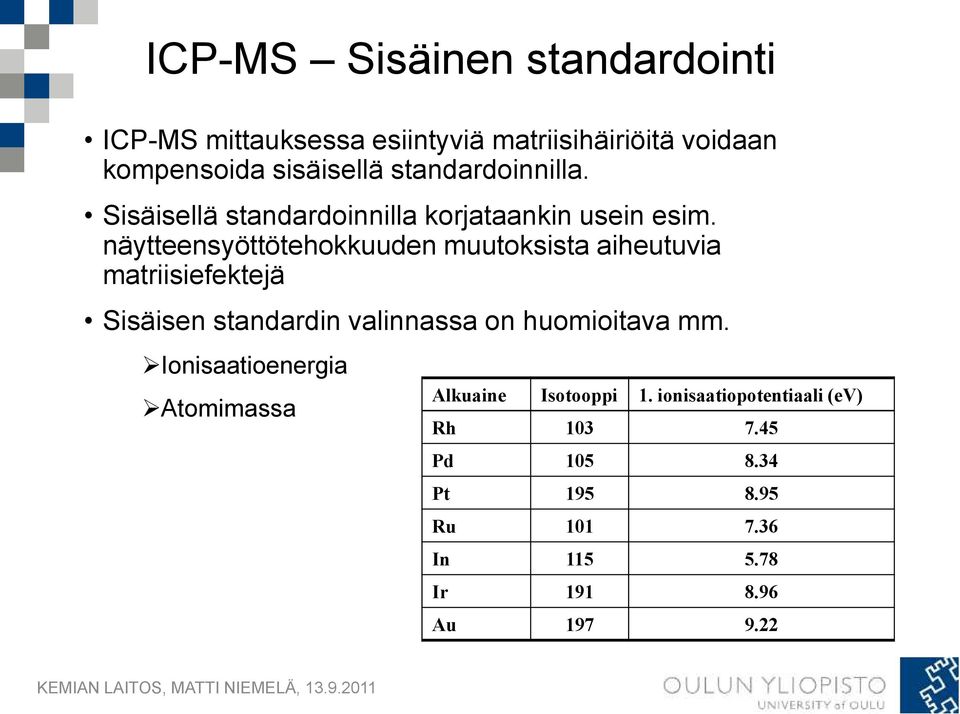 näytteensyöttötehokkuuden muutoksista aiheutuvia matriisiefektejä Sisäisen standardin valinnassa on huomioitava mm.