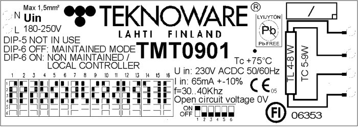 17 TWT2284T Inne i armaturen finns en elektronikenhet TS98252 som innehåller funktion för Control typ nödbelysningscentral och också lokalvakt funktion.