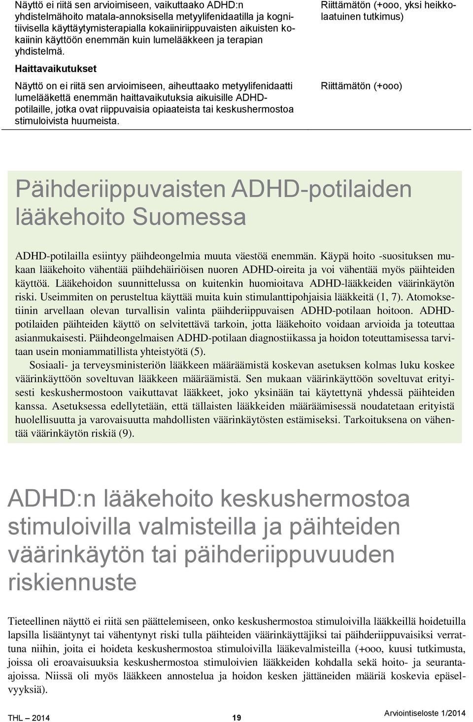 Haittavaikutukset Näyttö on ei riitä sen arvioimiseen, aiheuttaako metyylifenidaatti lumelääkettä enemmän haittavaikutuksia aikuisille ADHDpotilaille, jotka ovat riippuvaisia opiaateista tai