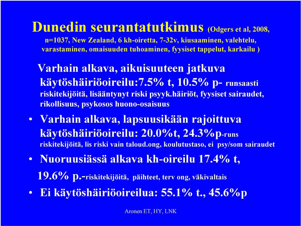 häiriöt, fyysiset sairaudet, rikollisuus, psykosos huono-osaisuus Varhain alkava, lapsuusikään rajoittuva käytöshäiriöoireilu: 20.0%t, 24.