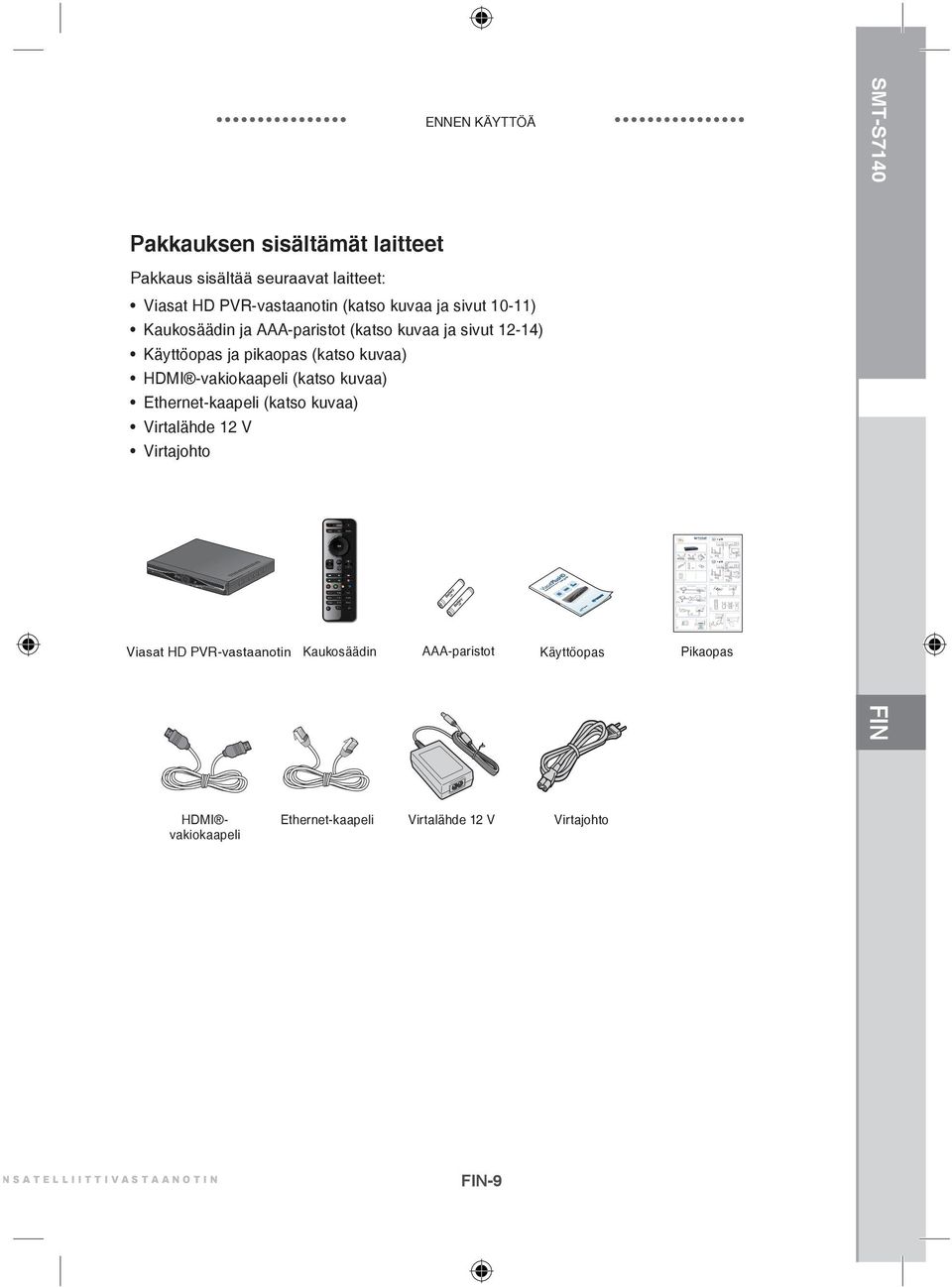 (katso kuvaa) Ethernet-kaapeli (katso kuvaa) Virtalähde 12 V Virtajohto Viasat HD PVR-vastaanotin Kaukosäädin AAA-paristot