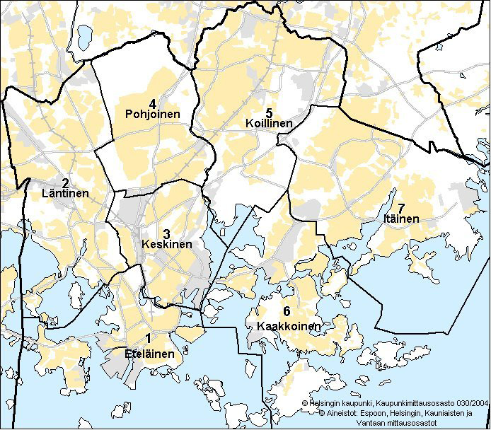 LIITE 1. 1/12 Helsinki voidaan jakaa seitsemään suurpiiriin, jotka ovat eteläinen, läntinen, keskinen, pohjoinen, koillinen, kaakkoinen ja itäinen suurpiiri (kuva 13).