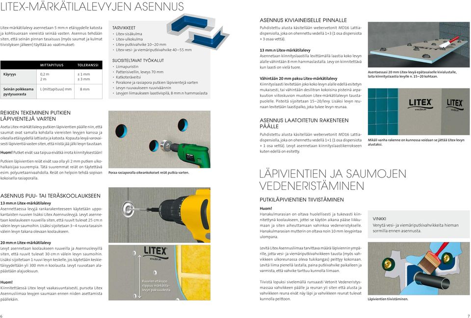 vaatimukset: Käyryys Seinän poikkeama pystysuorasta mittapituus 0,2 m 2 m L (mittapituus) mm Reikien tekeminen putkien läpivientejä varten toleranssi ± 1 mm ± 3 mm 8 mm Aseta Litex-märkätilalevy