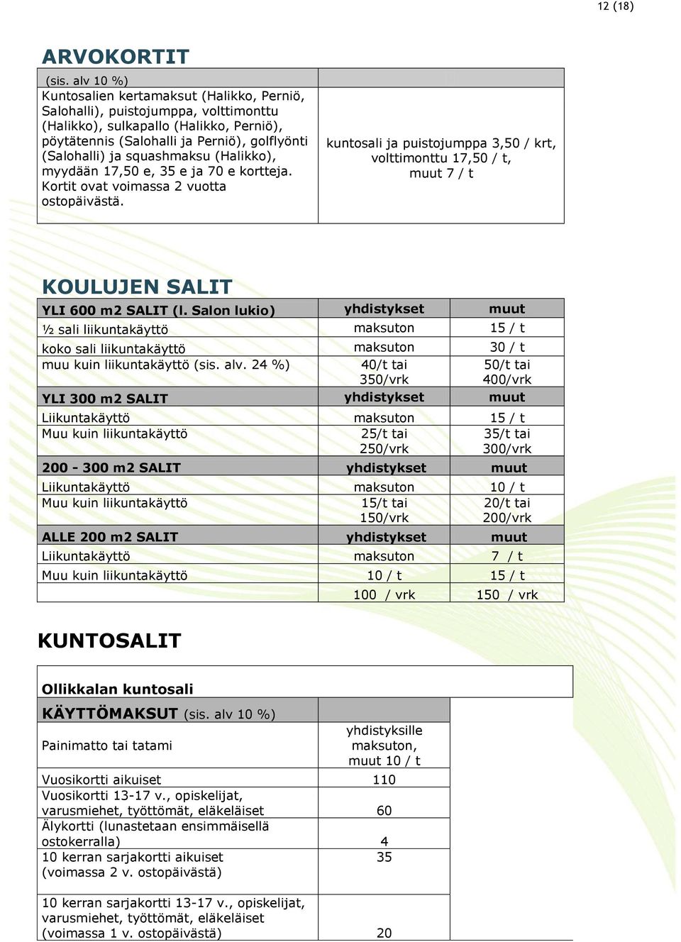 squashmaksu (Halikko), myydään 17,50 e, 35 e ja 70 e kortteja. Kortit ovat voimassa 2 vuotta ostopäivästä.