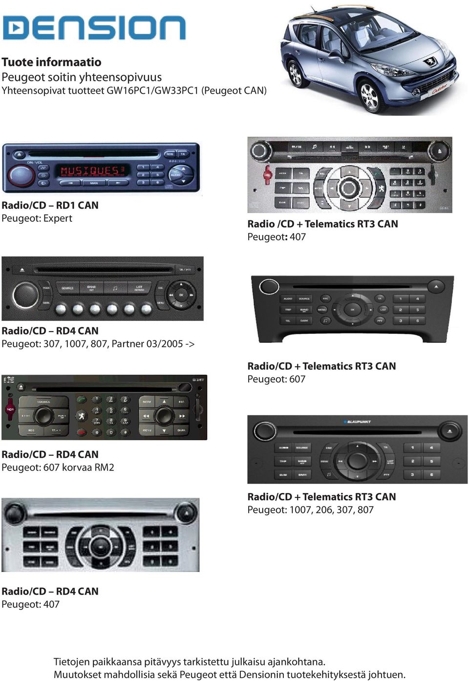 607 Radio/CD RD4 CAN Peugeot: 607 korvaa RM2 Radio/CD + Telematics RT3 CAN Peugeot: 1007, 206, 307, 807 Radio/CD RD4 CAN Peugeot: 407