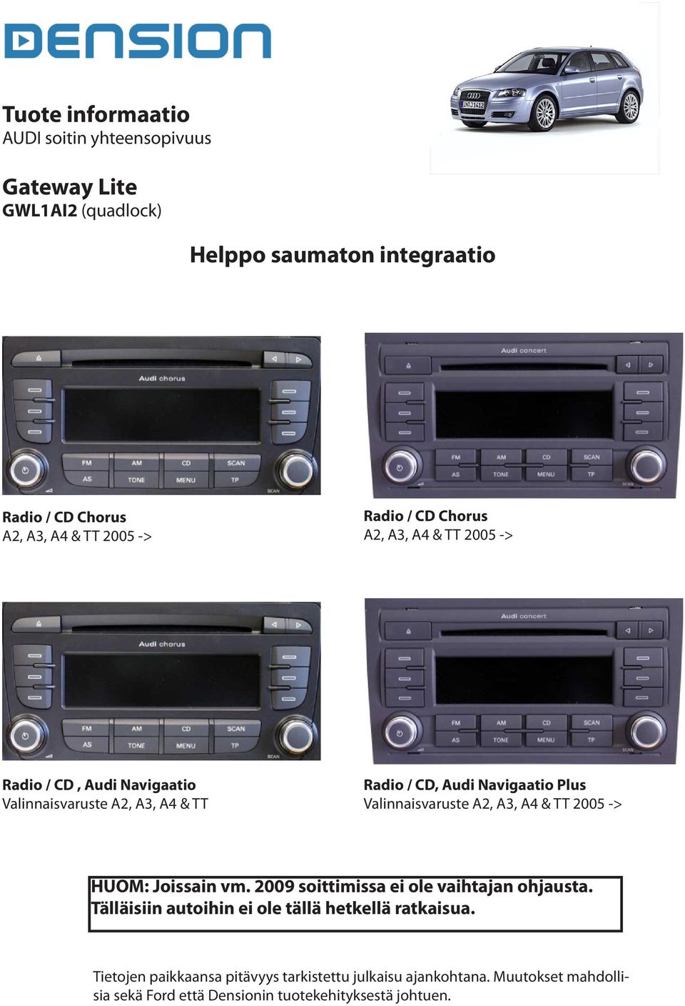 Radio / CD, Audi Navigaatio Plus Valinnaisvaruste A2, A3, A4 & TT 2005 -> HUOM: Joissain vm.