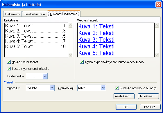 Kuvaluettelon laatiminen 5 Kun Word kokoaa kuvaotsikkoluettelon, se etsii kuvaotsikoita ainoastaan tekstikerroksesta. Word jättää huomioimatta piirtokerroksen kuvaotsikot.
