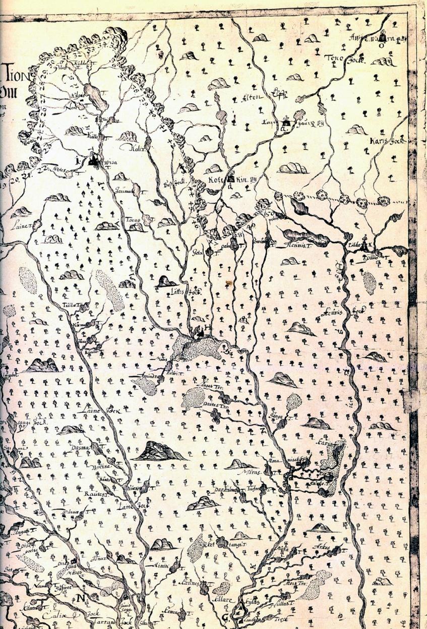 31 pnk etäisyys Kaakamasta Mandajärveen Treskin Tornion Lapin kartan mukaan Äkäsjärveen Osakopio Oluf Treskin kartasta Tornion Lappi 1643 Karis T Eris T Sarke T Arkes T Merkillistä on, että Tornion