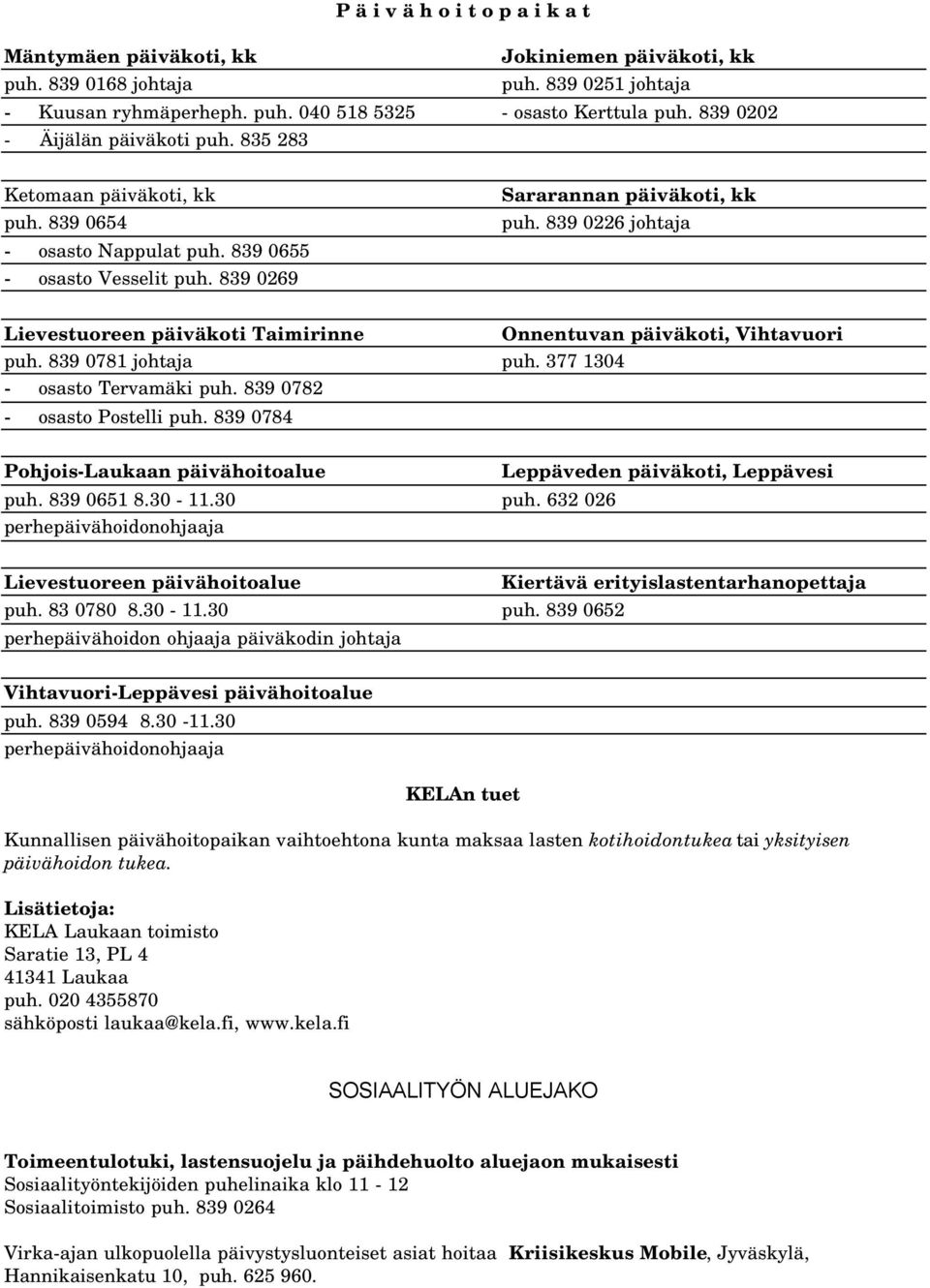 839 0269 Lievestuoreen päiväkoti Taimirinne Onnentuvan päiväkoti, Vihtavuori puh. 839 0781 johtaja puh. 377 1304 - osasto Tervamäki puh. 839 0782 - osasto Postelli puh.