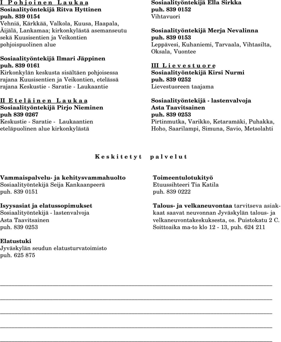 839 0161 Kirkonkylän keskusta sisältäen pohjoisessa rajana Kuusisentien ja Veikontien, etelässä rajana Keskustie - Saratie - Laukaantie II E t e l ä i n e n L a u k a a Sosiaalityöntekijä Pirjo