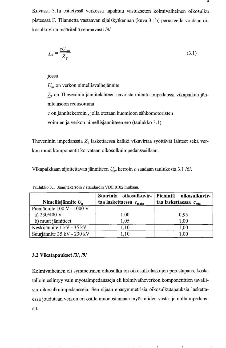 1) jossa on verkon nimellisvaihejännite on Theveninin jännitelähteen navoista mitattu impedanssi vikapaikan jännitetasoon redusoituna c onjännitekerroin,jolla otetaan huomioon sähkömotoristen voimien