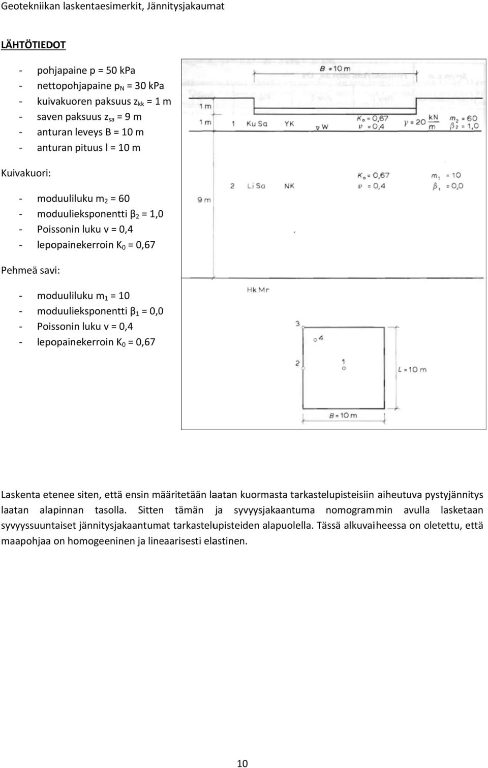 0,67 Kuva 8. Pohjasuhdetiedot. Laskenta etenee siten, että ensin määritetään laatan kuormasta tarkastelupisteisiin aiheutuva pystyjännitys s laatan alapinnan tasolla.