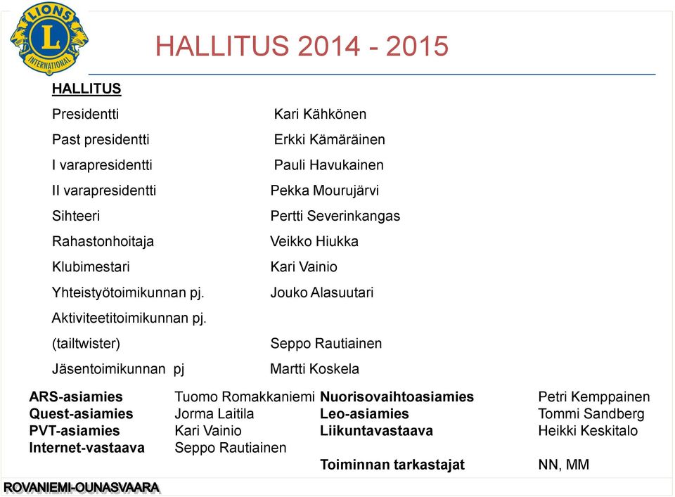 (tailtwister) Jäsentoimikunnan pj Kari Kähkönen Erkki Kämäräinen Pauli Havukainen Pekka Mourujärvi Pertti Severinkangas Veikko Hiukka Kari Vainio Jouko