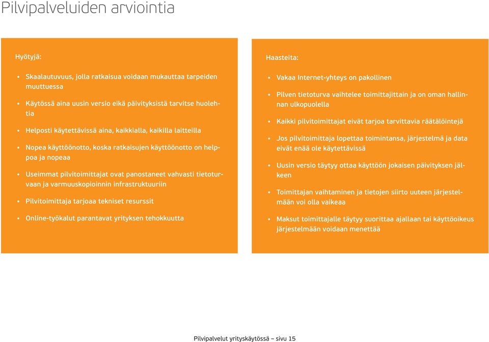 varmuuskopioinnin infrastruktuuriin Pilvitoimittaja tarjoaa tekniset resurssit Online-työkalut parantavat yrityksen tehokkuutta Vakaa Internet-yhteys on pakollinen Pilven tietoturva vaihtelee