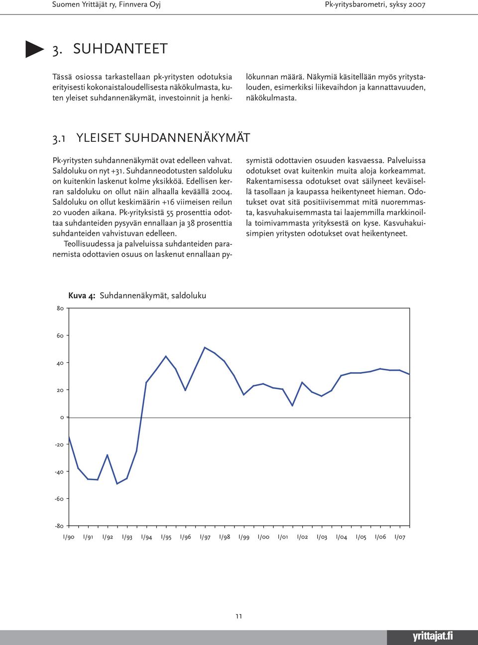 Saldoluku on ollut keskimäärin +1 viimeisen reilun 0 vuoden aikana. Pk-yrityksistä prosenttia odottaa suhdanteiden pysyvän ennallaan ja prosenttia suhdanteiden vahvistuvan edelleen.