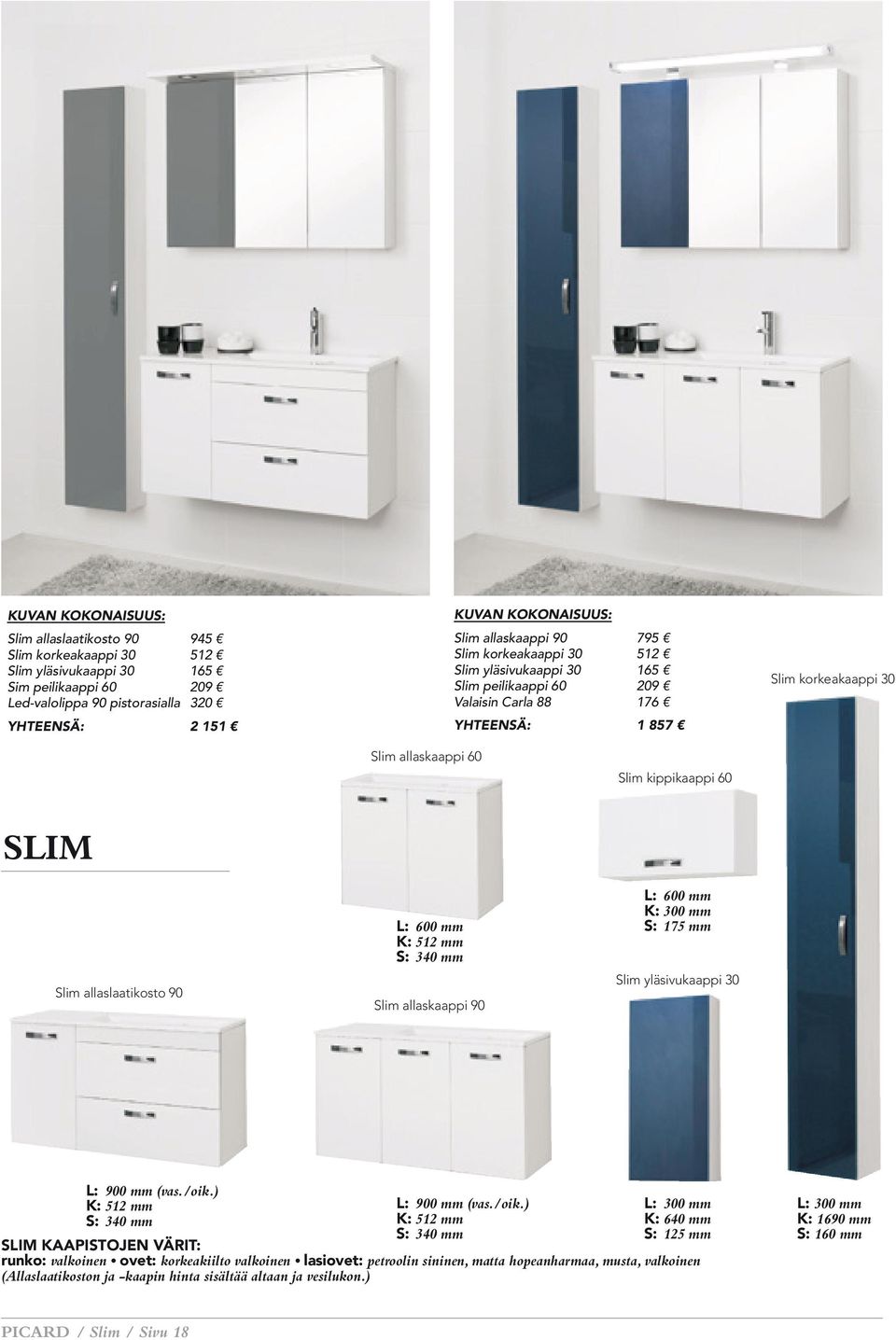 Slim allaslaatikosto 90 L: 600 mm K: 512 mm S: 340 mm Slim allaskaappi 90 L: 600 mm K: 300 mm S: 175 mm Slim yläsivukaappi 30 L: 900 mm (vas./oik.