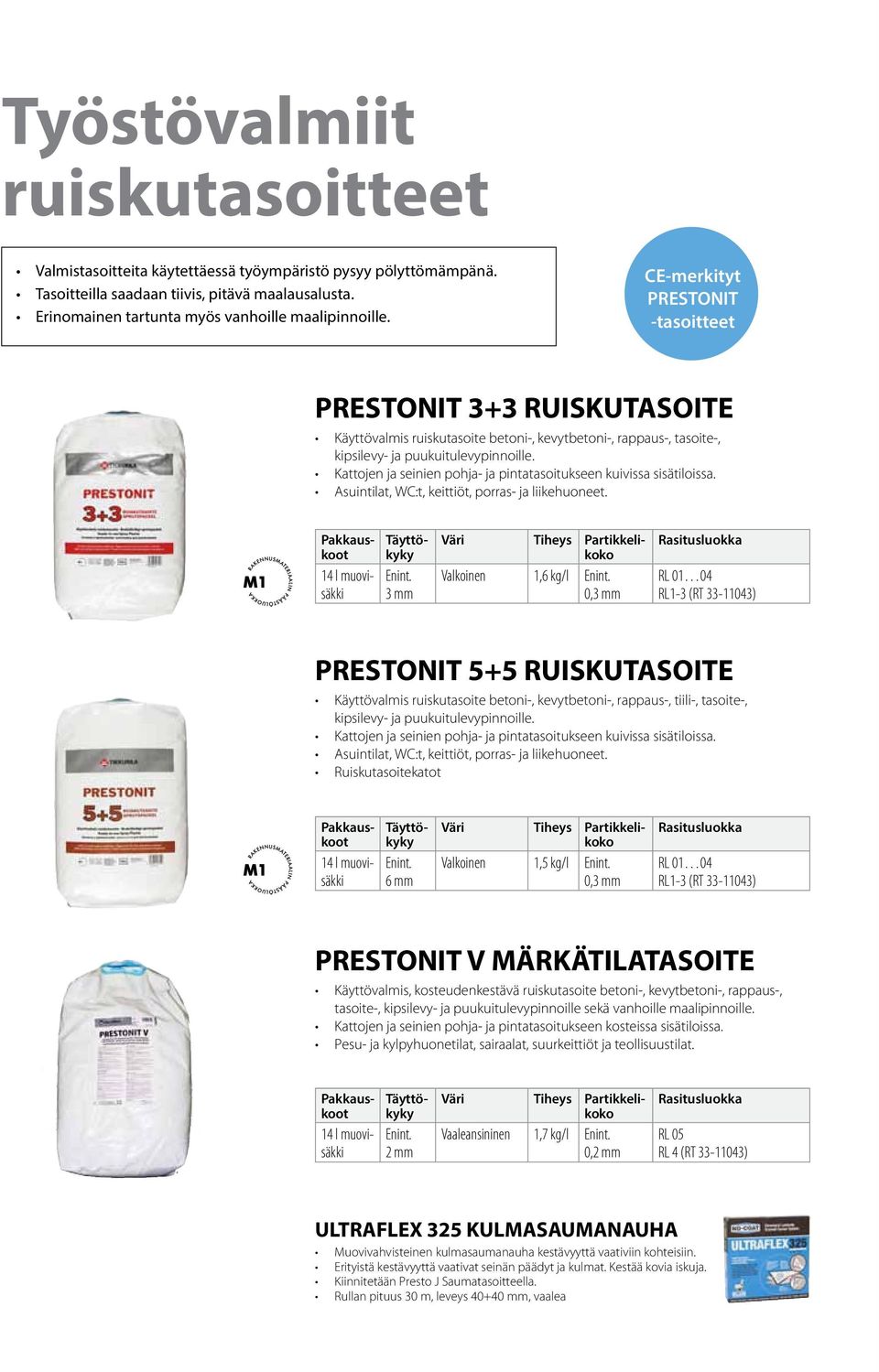 Kattojen ja seinien pohja- ja pintatasoitukseen kuivissa sisätiloissa. Asuintilat, WC:t, keittiöt, porras- ja liikehuoneet. 14 l muovisäkki Enint.