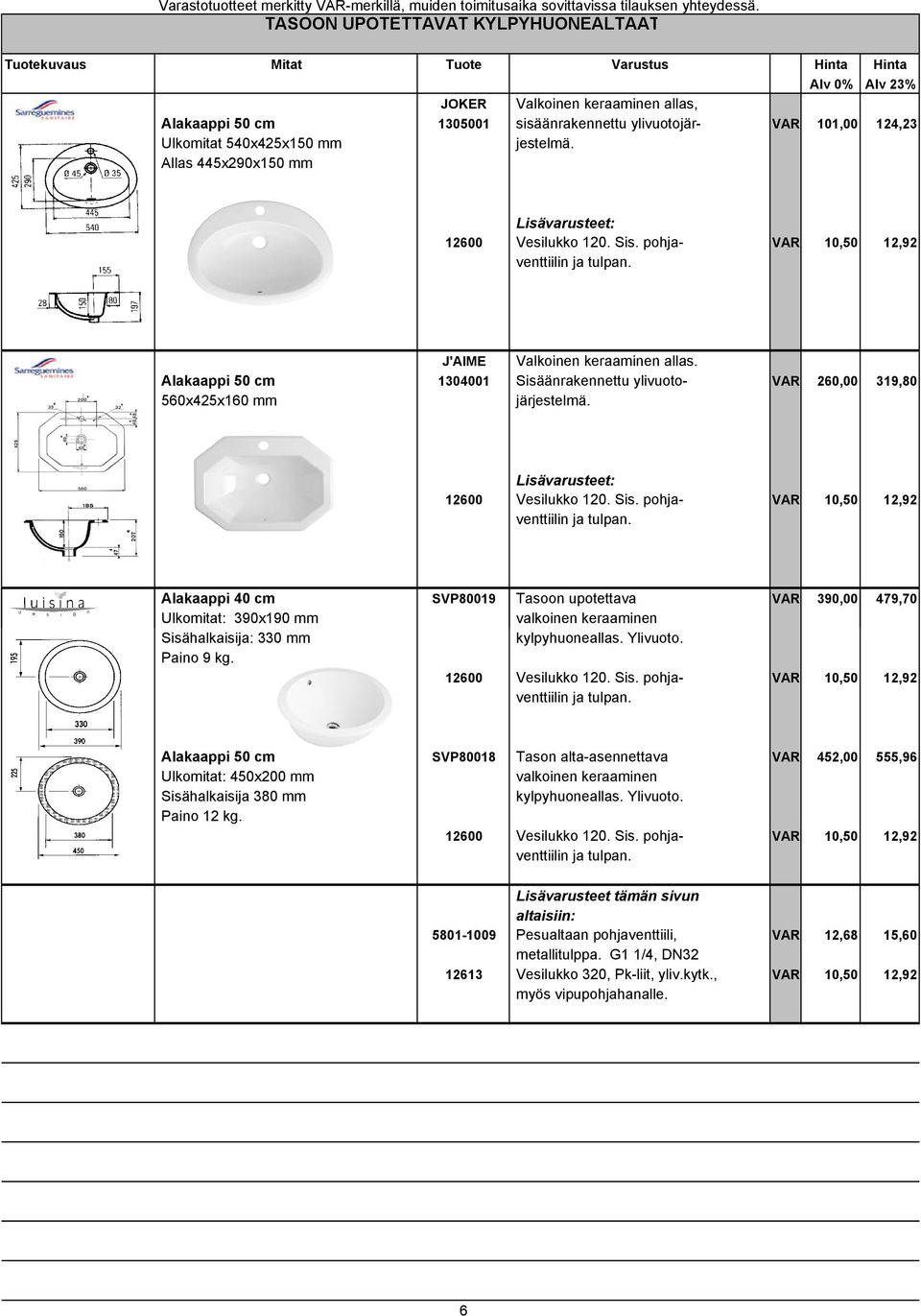 Allas 445x290x150 mm Lisävarusteet: 12600 Vesilukko 120. Sis. pohja- VAR 10,50 12,92 venttiilin ja tulpan. J'AIME Valkoinen keraaminen allas.