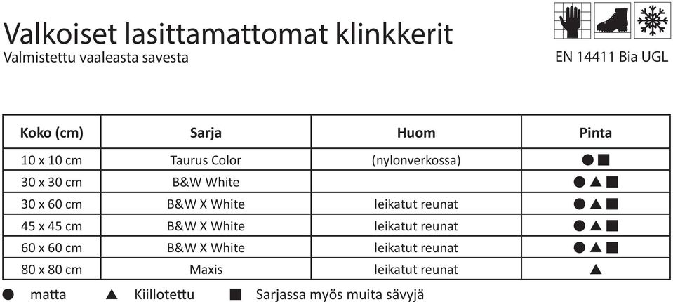 White 30 x 60 cm B&W X White leikatut reunat 45 x 45 cm B&W X White leikatut reunat 60