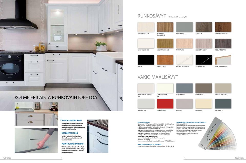 MUSTA VALKOINEN VANERI VAKIO MAALISÄVYT KOLME ERILAISTA RUNKOVAIHTOEHTOA PUUSEPÄN VALKOINEN 500 LUMIVALKOINEN 568 HARMAA 562 KAAKAO 565 MAITOKAAKAO J482 HARMAA 503 PUNAINEN 552 BEIGE 561 KERMA 543