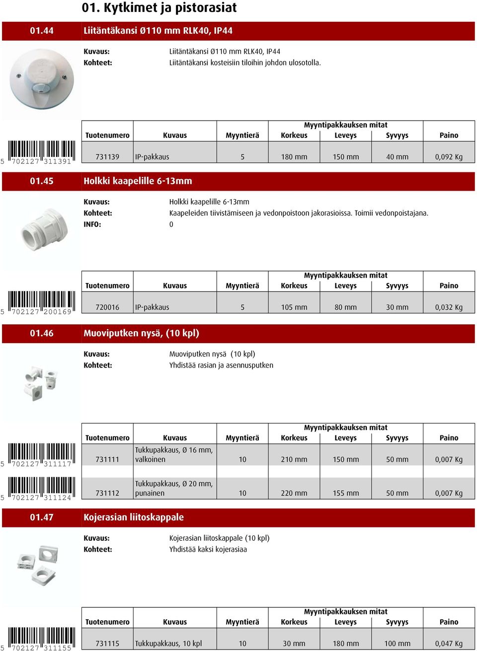 Toimii vedonpoistajana. 0 5 702127 200169 720016 IP-pakkaus 5 105 mm 80 mm 30 mm 0,032 Kg 50. Asennustarvikkeet 01.