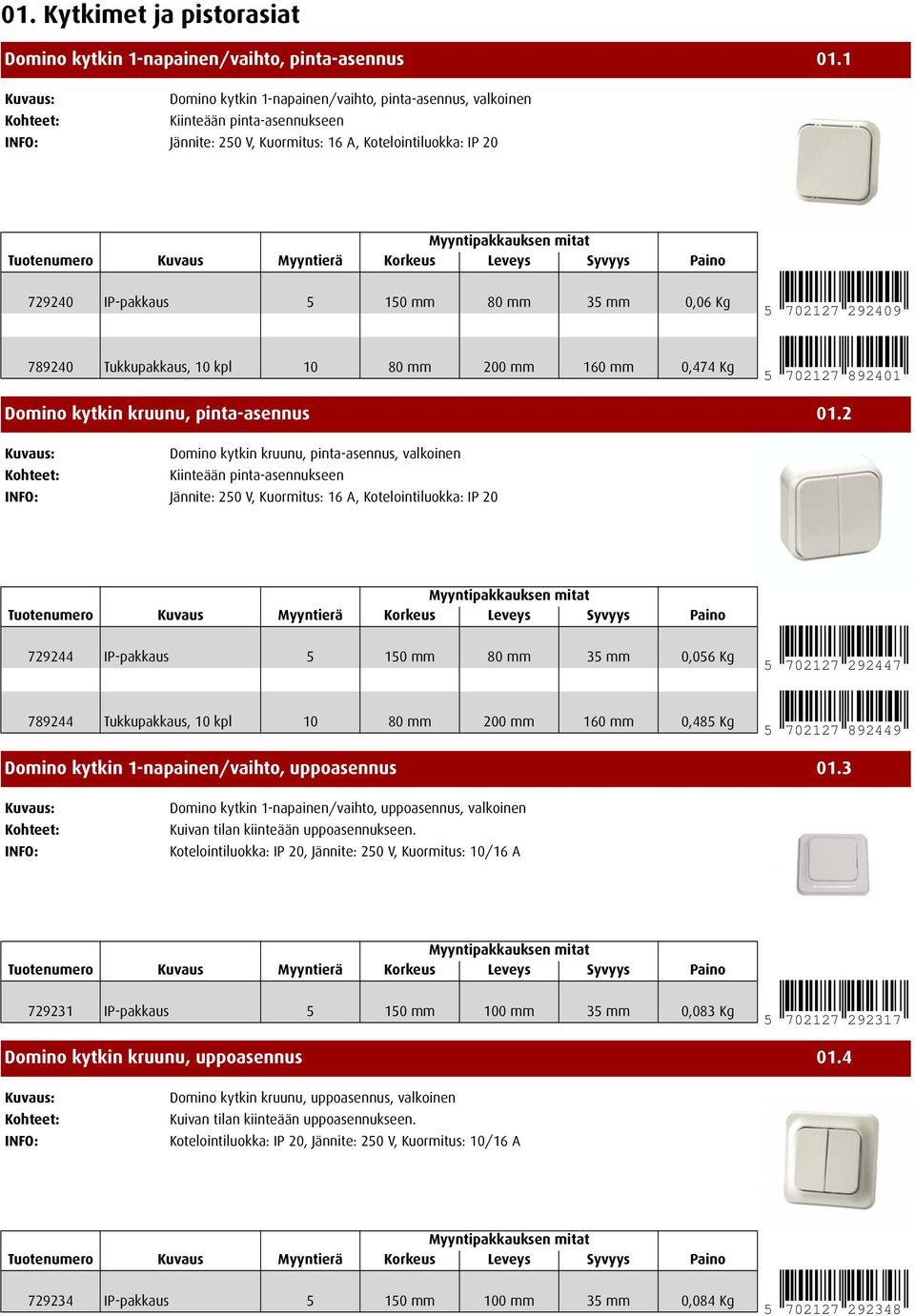 702127 292409 789240 Tukkupakkaus, 10 kpl 10 80 mm 200 mm 160 mm 0,474 Kg 5 702127 892401 Domino kytkin kruunu, pinta-asennus 01.