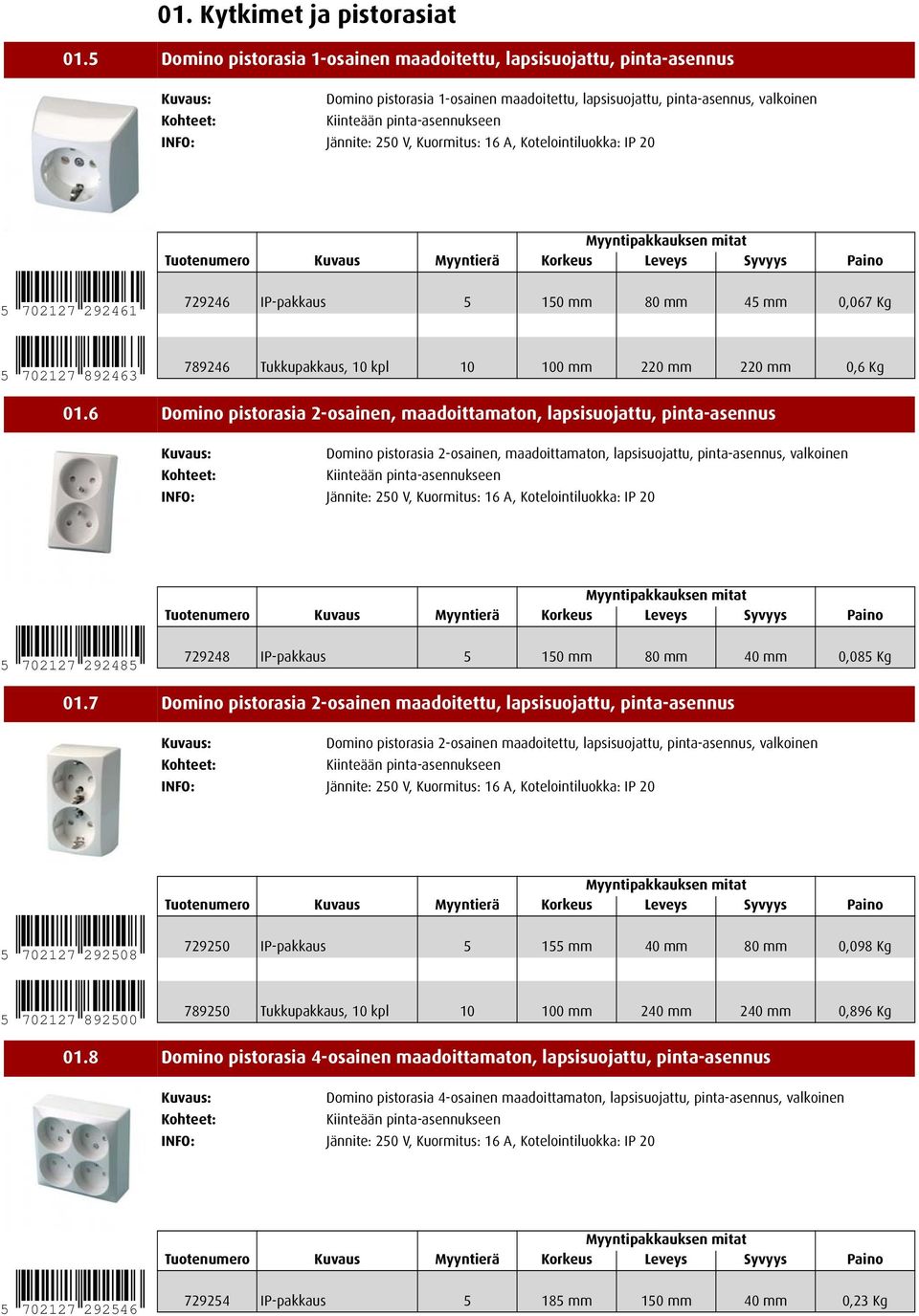 Kuormitus: 16 A, Kotelointiluokka: IP 20 5 702127 292461 729246 IP-pakkaus 5 150 mm 80 mm 45 mm 0,067 Kg 5 702127 892463 789246 Tukkupakkaus, 10 kpl 10 100 mm 220 mm 220 mm 0,6 Kg 01.