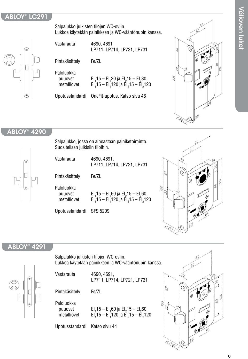 OneFit-upotus. Katso sivu 46 ABLOY 4290 Salpalukko, jossa on ainoastaan painiketoiminto. Suositellaan julkisiin tiloihin.