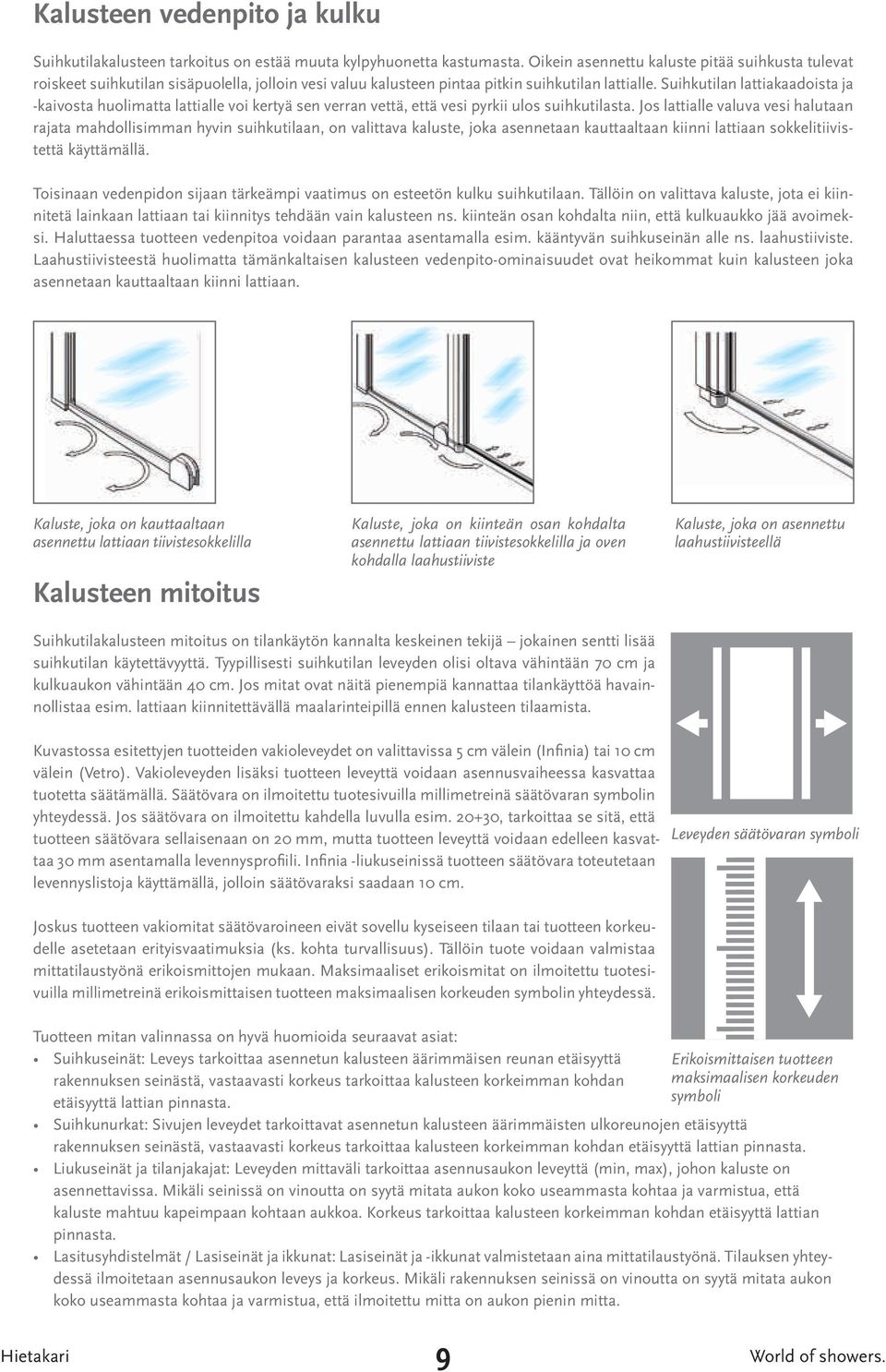 Suihkutilan lattiakaadoista ja -kaivosta huolimatta lattialle voi kertyä sen verran vettä, että vesi pyrkii ulos suihkutilasta.