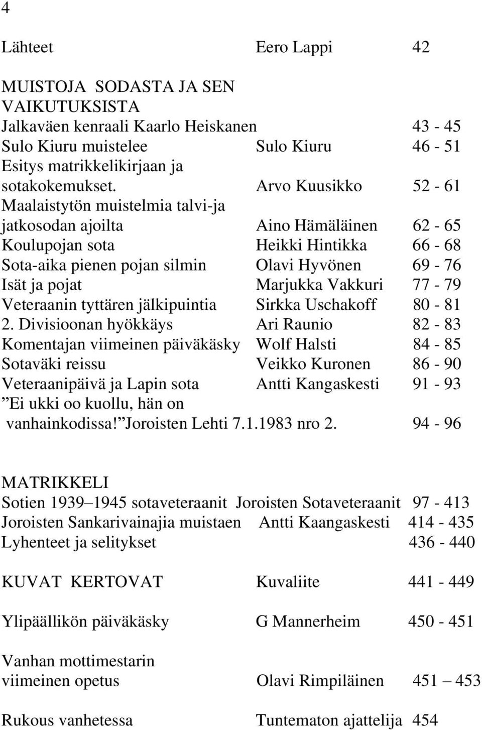 Marjukka Vakkuri 77-79 Veteraanin tyttären jälkipuintia Sirkka Uschakoff 80-81 2.