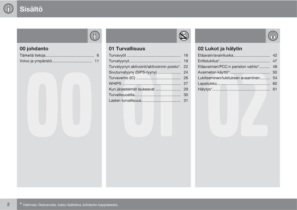 .. 48 Sivuturvatyyny (SIPS-tyyny)... 24 Avaimeton käyttö*... 50 Turvaverho (IC)... 26 Lukitseminen/lukituksen avaaminen... 54 WHIPS... 27 Lapsilukko.