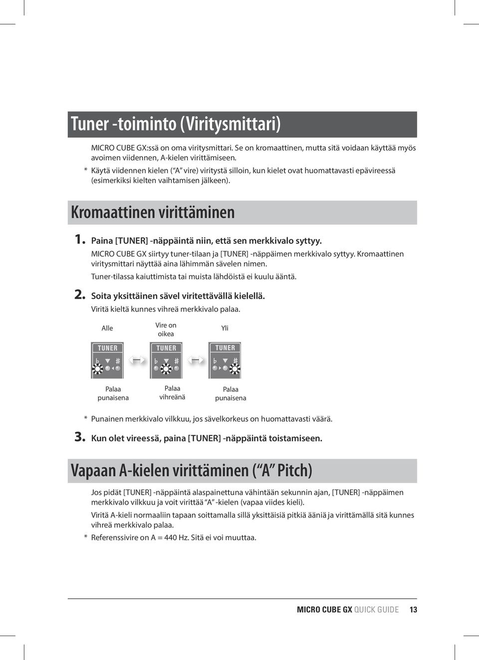 Paina [TUNER] -näppäintä niin, että sen merkkivalo syttyy. MICRO CUBE GX siirtyy tuner-tilaan ja [TUNER] -näppäimen merkkivalo syttyy. Kromaattinen viritysmittari näyttää aina lähimmän sävelen nimen.