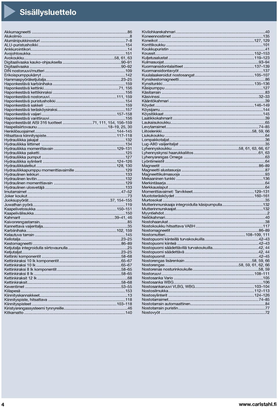 .., 9 Haponkestävä puristusholkki... Haponkestävä sakkeli...9 Haponkestävä teräsköysiraksi... Haponkestävä vaijeri... Haponkestävä vanttiruuvi... Haponkestävät AISI tuotteet...,,, 9 Haspelisiirtovaunu.