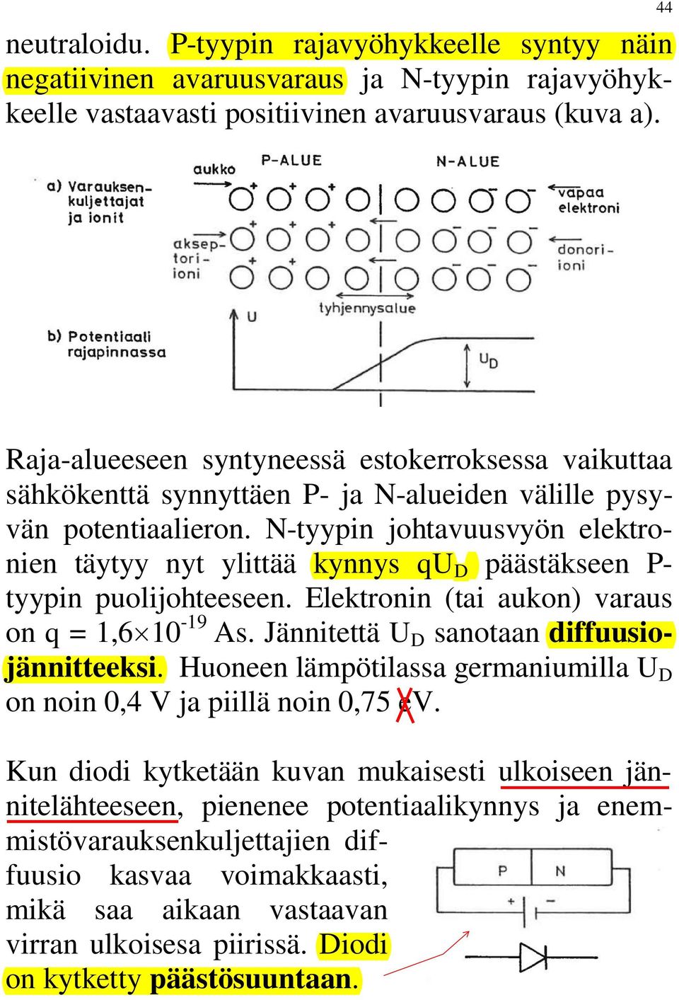 N-tyypin johtavuusvyön elektronien täytyy nyt ylittää kynnys qu D päästäkseen P- tyypin puolijohteeseen. Elektronin (tai aukon) varaus on q = 1,6 10-19 As.