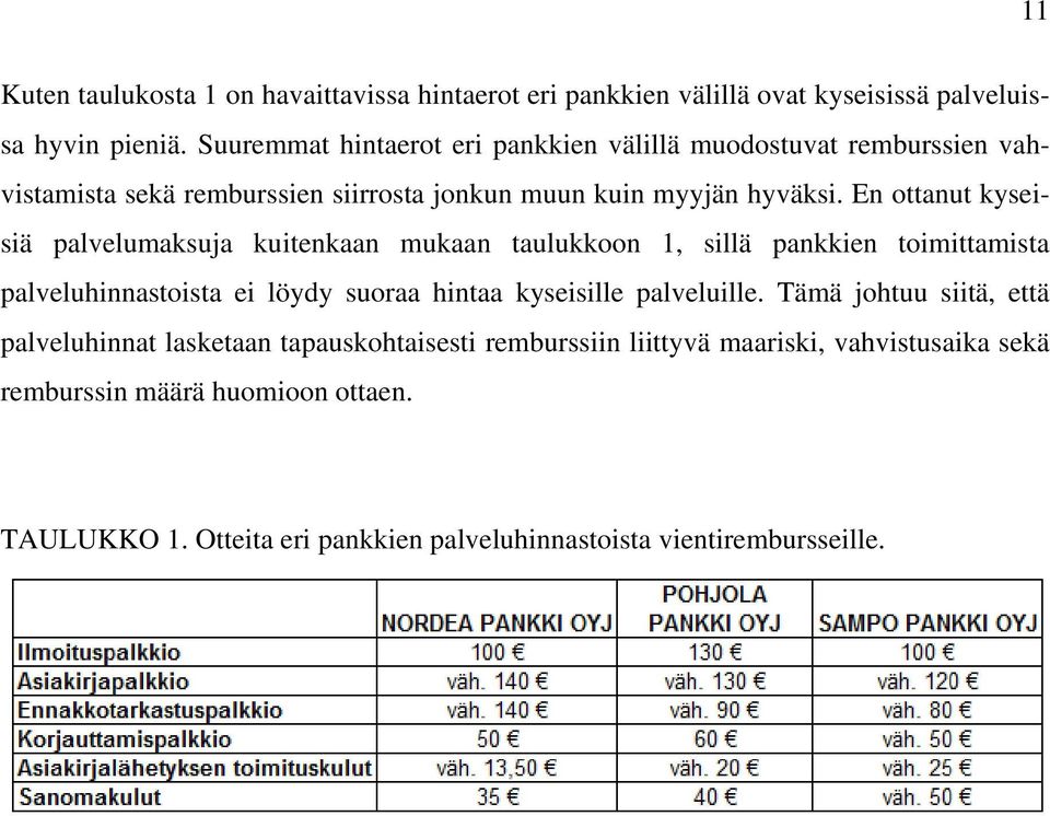 En ottanut kyseisiä palvelumaksuja kuitenkaan mukaan taulukkoon 1, sillä pankkien toimittamista palveluhinnastoista ei löydy suoraa hintaa kyseisille