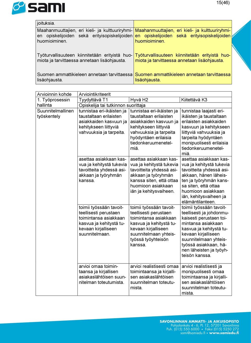 Työturvallisuuteen kiinnitetään erityistä huomiota ja tarvittaessa annetaan lisäohjausta. Suomen ammattikieleen annetaan tarvittaessa lisäohjausta.