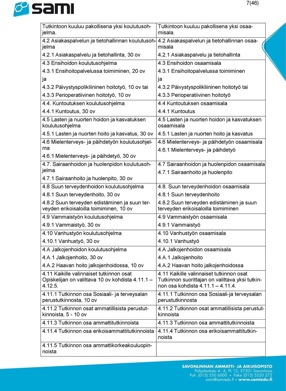 5 Lasten ja nuorten hoidon ja kasvatuksen koulutusohjelma 4.5.1 Lasten ja nuorten hoito ja kasvatus, 30 ov 4.6 Mielenterveys- ja päihdetyön koulutusohjelma 4.6.1 Mielenterveys- ja päihdetyö, 30 ov 4.