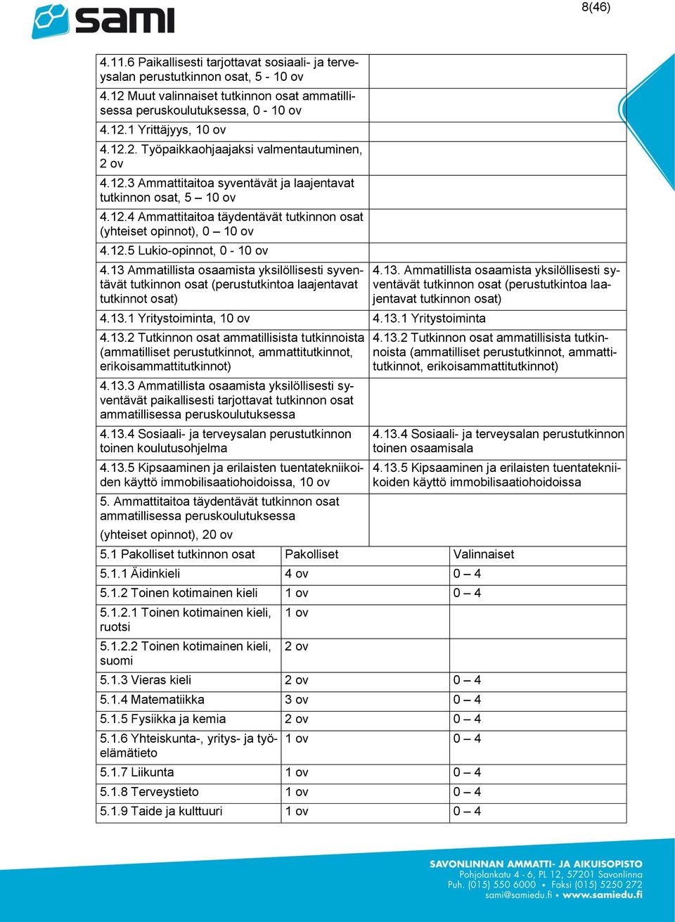 12.5 Lukio-opinnot, 0-10 ov 4.13 Ammatillista osaamista yksilöllisesti syventävät tutkinnon osat (perustutkintoa laajentavat tutkinnot osat) 4.13.1 Yritystoiminta, 10 ov 4.13.1 Yritystoiminta 4.13.2 Tutkinnon osat ammatillisista tutkinnoista (ammatilliset perustutkinnot, ammattitutkinnot, erikoisammattitutkinnot) 4.