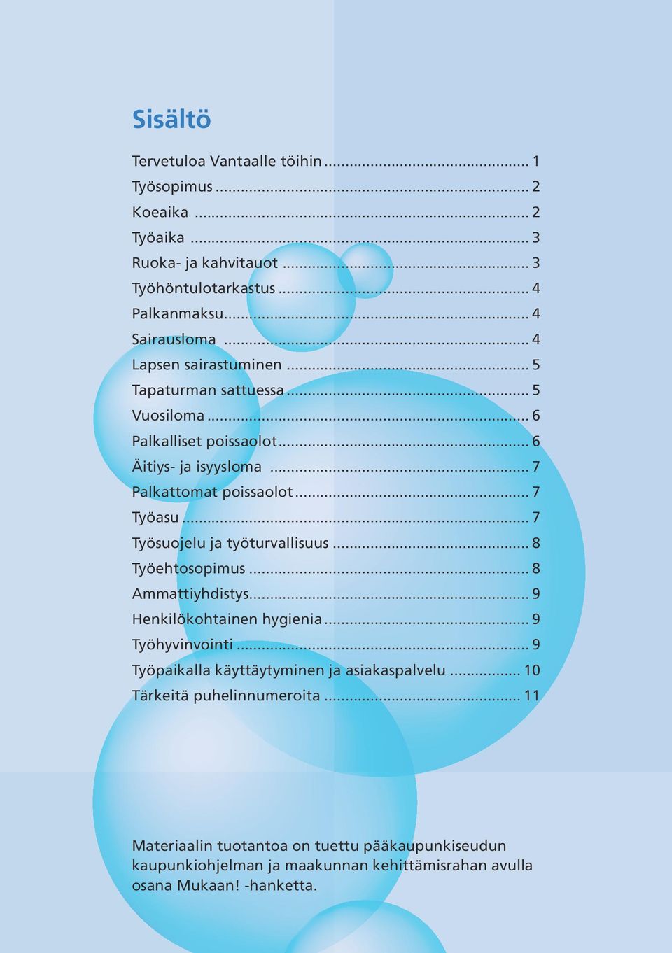 .. 7 Työsuojelu ja työturvallisuus... 8 Työehtosopimus... 8 Ammattiyhdistys... 9 Henkilökohtainen hygienia... 9 Työhyvinvointi.