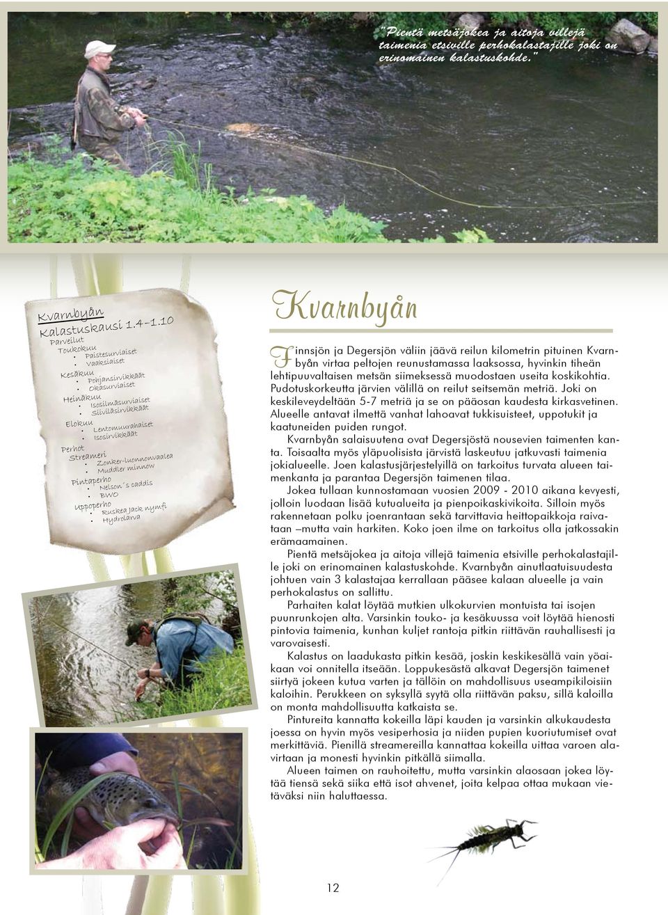 Zonker-luonnonvaalea Muddler minnow Pintaperho Nelson s caddis BWO Uppoperho Ruskea Jack nymfi Hydrolarva Kvarnbyån Finnsjön ja Degersjön väliin jäävä reilun kilometrin pituinen Kvarnbyån virtaa
