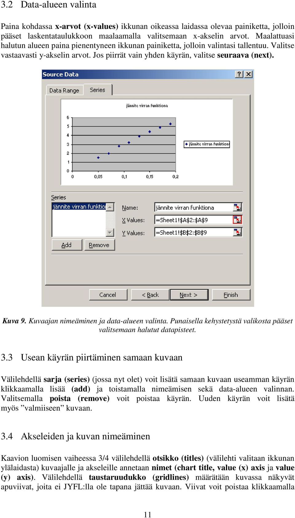 Kuvaajan nimeäminen ja data-alueen valinta. Punaisella kehystetystä valikosta pääset valitsemaan halutut datapisteet. 3.