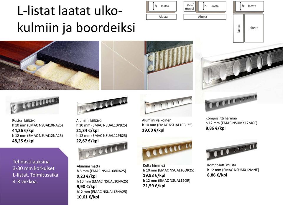 /kpl Tehdastilauksina 3-30 mm korkuiset L-listat. Toimitusaika 4-8 viikkoa.