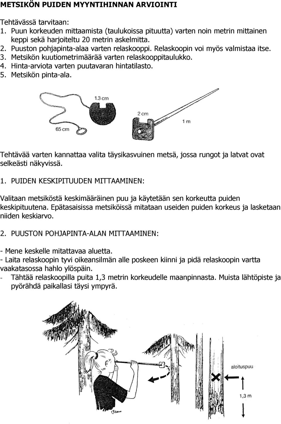 Hinta-arviota varten puutavaran hintatilasto. 5. Metsikön pinta-ala. Tehtävää varten kannattaa valita täysikasvuinen metsä, jossa rungot ja latvat ovat selkeästi näkyvissä. 1.