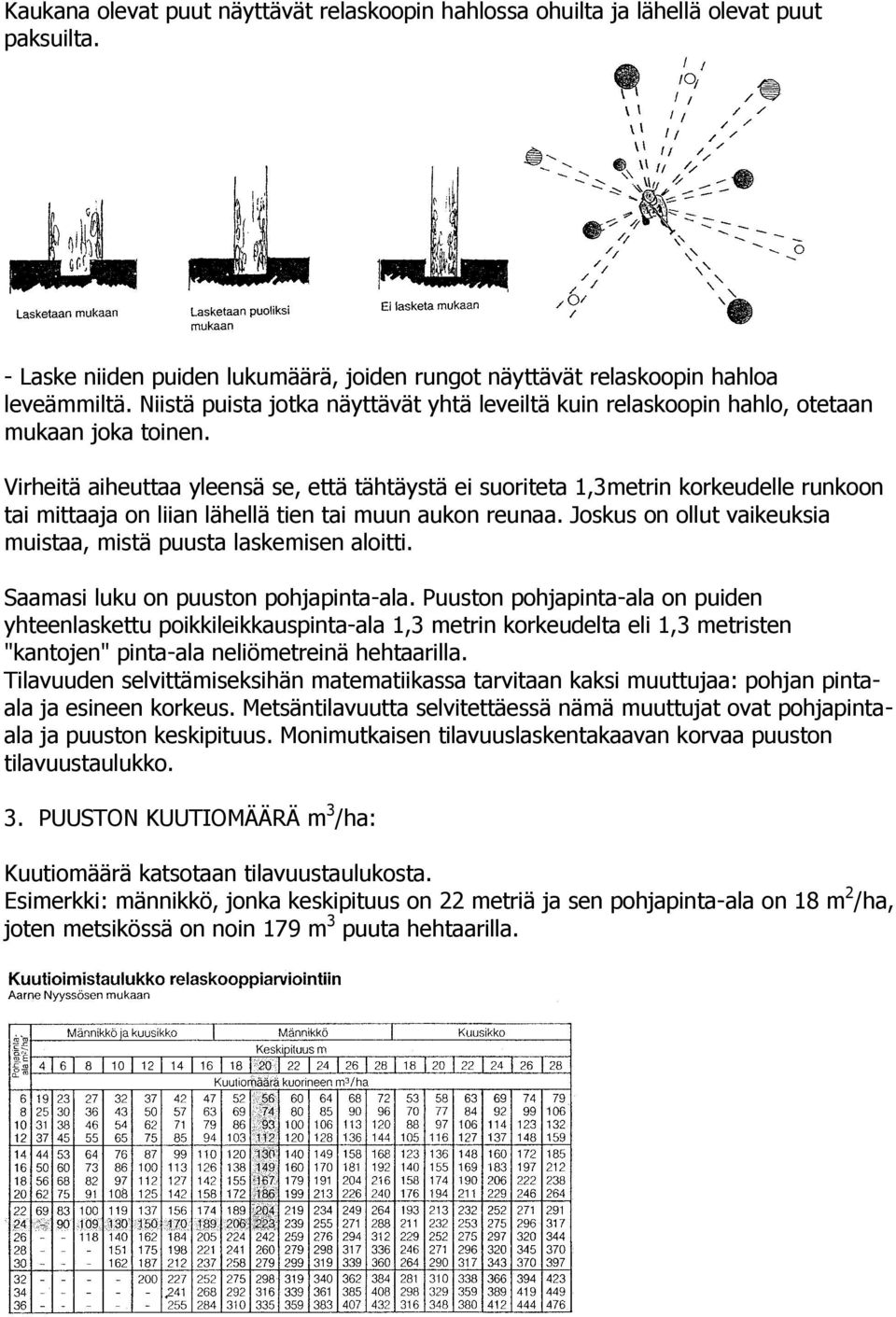 Virheitä aiheuttaa yleensä se, että tähtäystä ei suoriteta 1,3metrin korkeudelle runkoon tai mittaaja on liian lähellä tien tai muun aukon reunaa.