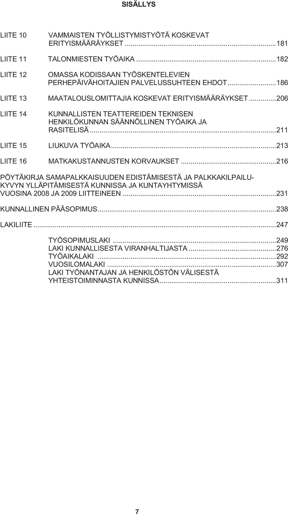 ..213 LIITE 16 MATKAKUSTANNUSTEN KORVAUKSET...216 PÖYTÄKIRJA SAMAPALKKAISUUDEN EDISTÄMISESTÄ JA PALKKAKILPAILU- KYVYN YLLÄPITÄMISESTÄ KUNNISSA JA KUNTAYHTYMISSÄ VUOSINA 2008 JA 2009 LIITTEINEEN.