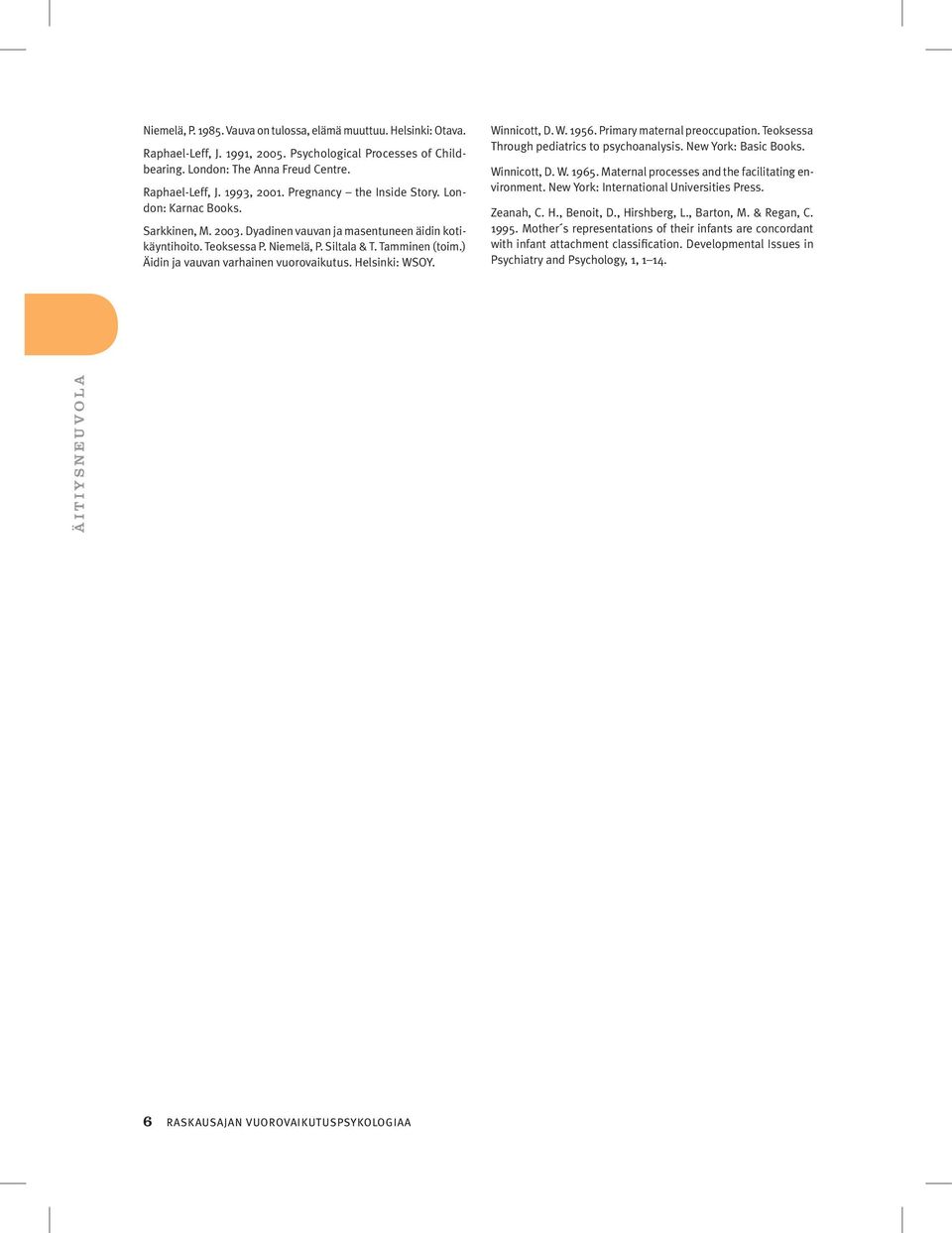 ) Äidin ja vauvan varhainen vuorovaikutus. Helsinki: WSOY. Winnicott, D. W. 1956. Primary maternal preoccupation. Teoksessa Through pediatrics to psychoanalysis. New York: Basic Books. Winnicott, D. W. 1965.