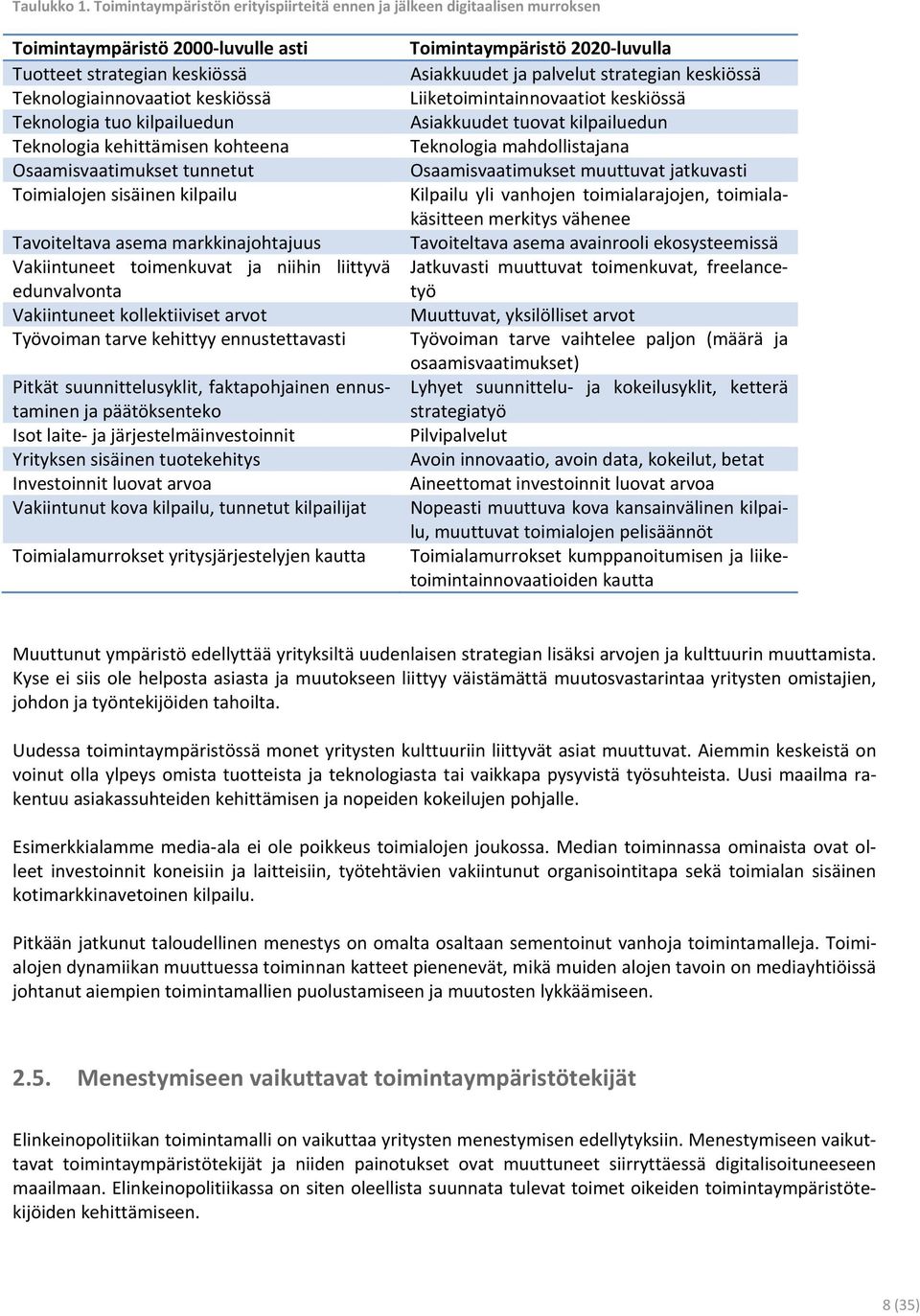 kilpailuedun Teknologia kehittämisen kohteena Osaamisvaatimukset tunnetut Toimialojen sisäinen kilpailu Tavoiteltava asema markkinajohtajuus Vakiintuneet toimenkuvat ja niihin liittyvä edunvalvonta