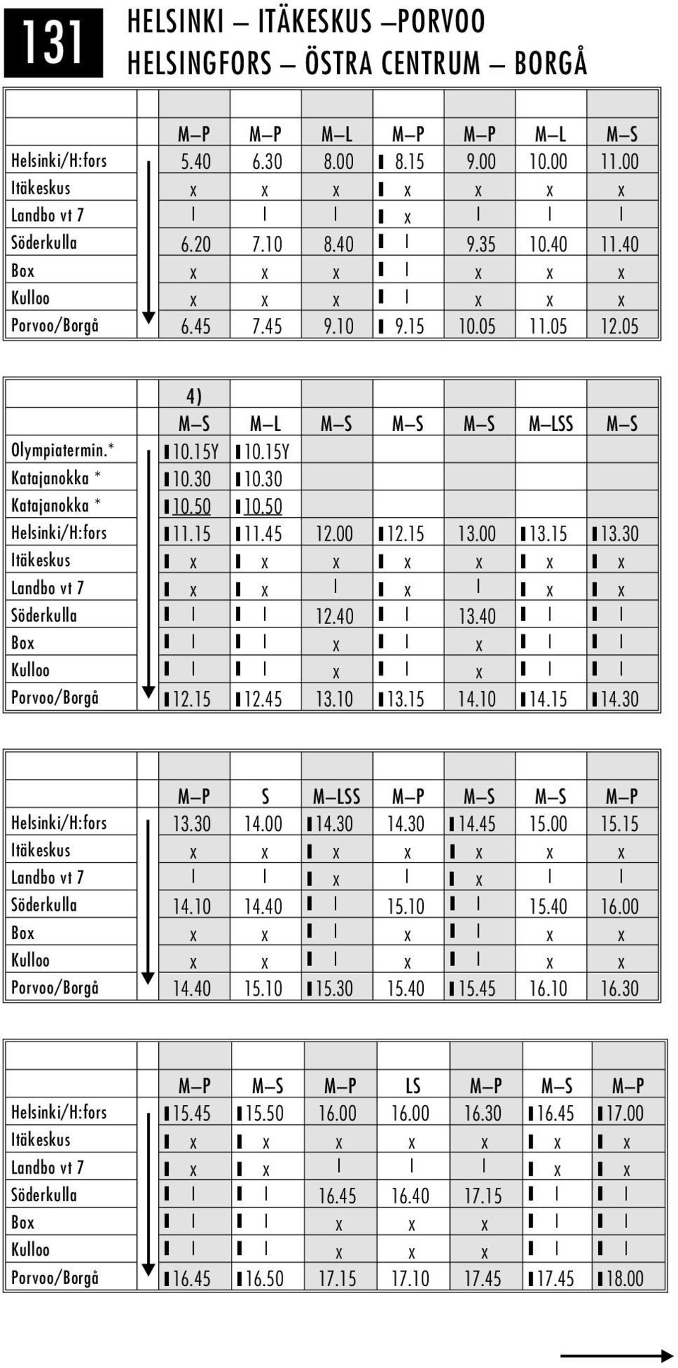 30 10.30 Katajanokka * 10.50 10.50 Hel sinki/h:fors 11.15 11.45 12.00 12.15 13.00 13.15 13.30 Itäkeskus x x x x x x x Landbo vt 7 x x x x x Söderkulla 12.40 13.40 Box x x Kulloo x x Porvoo/Borgå 12.